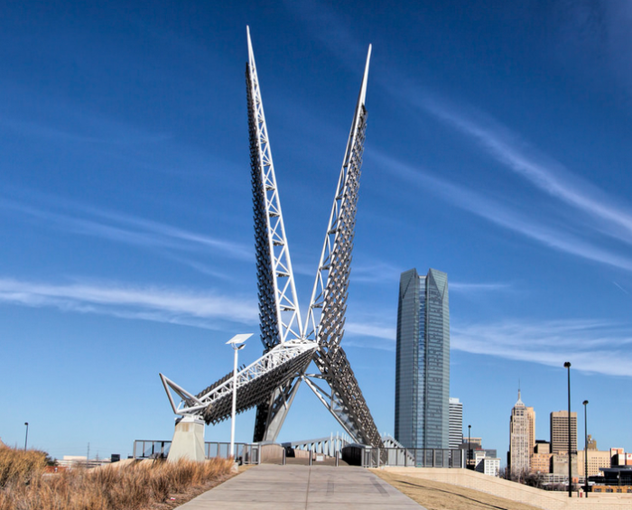 9. Oklahoma City SkyDance Bridge was architecturally inspired by the state's bird, the scissor-tailed flycatcher. The pedestrian bridge is 380 feet long and the sculpture stands 197 feet tall.  Try and catch it at night to see the stunning LED lights that change colors.